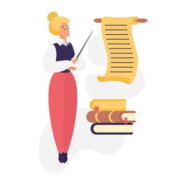 Female character teaching, standing with pointer near stack of books and scroll vector illustration clipart