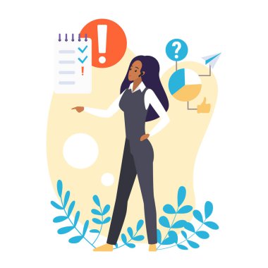 İş ve analitik düşünme, kadın karakter vektör illüstrasyonundan veri analizi