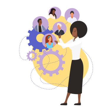 Kadın karakter insanları avatarlar, patron veya takım yönetim vektör illüstrasyonuName