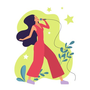 Yetenekli kadın karakter mikrofona, kişilik duygularına ve ilham vektörü illüstrasyonuna şarkı söylüyor