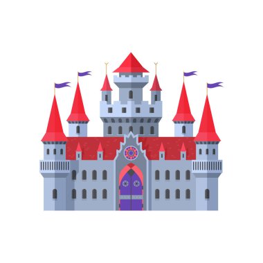 Ortaçağ krallığının masal kalesi, efsanevi vektör çizimlerinden kuleleri olan komik saray.