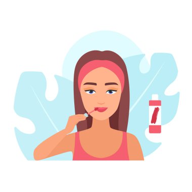 Dudaklara kırmızı ruj sürmek için fırça tutan kız, profesyonel makyaj vektörü çizimi