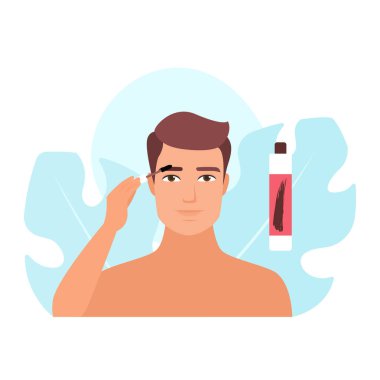 Erkek modeli, fırça vektörü illüstrasyonlu tüpten şeffaf ya da renkli kaş jeli uyguluyor