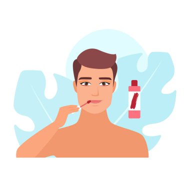 Genç ve güzel bir adam merhemle dudak boyuyor ya da parlatıcı vektör çizimi için ruj sürüyor.