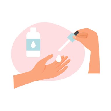 Deri vektör illüstrasyonuna kozmetik ürün uygulamak için serumlu pipeti tutan eller