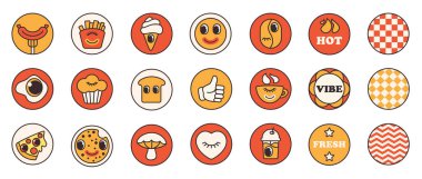 Harika çizgi film yemek etiketleri seti, kafe ve restoran menüsü emojisi. Yuvarlak şekillerin içinde tuhaf yüzleri olan komik retro yemek elementleri, 70 'lerin 80' ler tarzı vektör illüstrasyonu koleksiyonu.