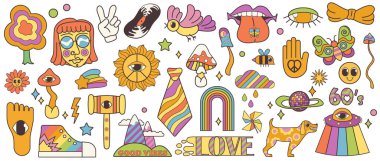 Şahane karikatür saykodelik çıkartmaları. Komik retro çiçek ve disko topu, göz ve manzara ile ayak izi iyi vibe slogan, hippi kız ve barış işareti, funky mantar vektör çizimi