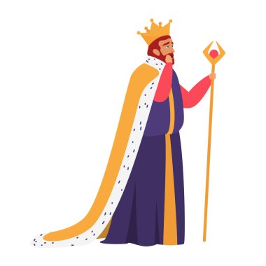 Ortaçağ krallığının kralı, erkek karakter taç ve cübbe vektör illüstrasyonunda duruyor.