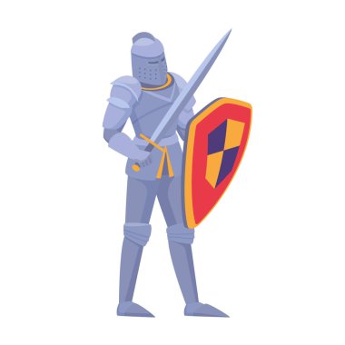 Metal zırhlı bir ortaçağ şövalyesi, hanedan amblem vektör illüstrasyonlu bir rd ve kalkan taşıyor.