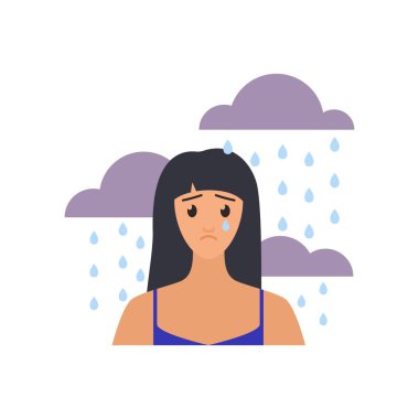 Sad girl with anxiety and stress crying, standing under rain drops vector illustration clipart