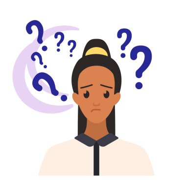 Şüpheli ve kaygılı bir kız kafasında soru işaretleriyle duruyor.