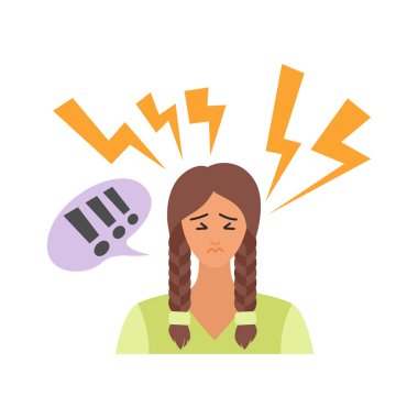 Kafasında soru işaretleri ve yıldırımlar olan mutsuz bir kız.