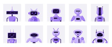Chatbot avatarları ayarlandı. Anten ve komik yüzlü mor sevimli robot asistan başlıkları, gelecekteki müşteri destek servisi temsilcisi ve GPT sohbet çizgi film çizimi çizimi botunun basit portreleri