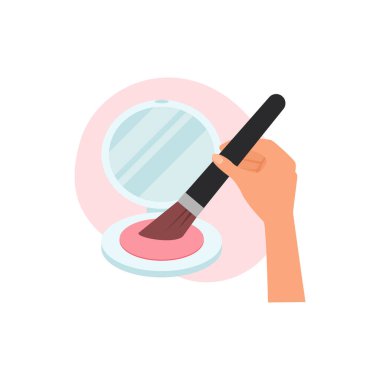 Makyaj fırçasıyla el yuvarlak paket vektör illüstrasyonundan allık alıyor