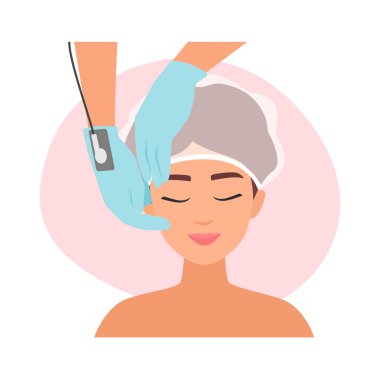 Eldivenli mikro akım terapisi, kadın vektör illüstrasyonu için estetik cilt kozmetolojisi