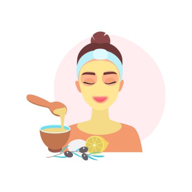 Organik ürünlerden, zeytinyağından ve limondan yapılmış maskeli genç bir kadın güzellik prosedürü çizimi için.