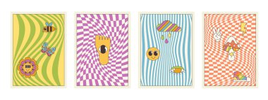 Şahane çizgi film psikedelik desenleri ayarlandı. Trippy dama tahtası ve zebra çizgileri hippi emoji çiçeği deseni, sihirli mantar ve göz, 70 'lerin arka plan koleksiyonu 80' lerin tarz vektör çizimi