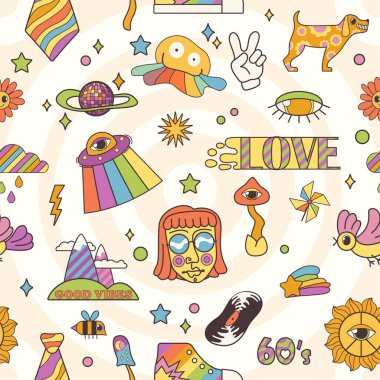 Hippi emojisi ve karakterleri olan mükemmel, psikedelik, kusursuz bir çizgi film. Gökkuşağında uçan komik bir UFO, aşk kelimesi, çarpık ifadeler. 70 'lerin havalı arka planı 60' ların vektör illüstrasyonu