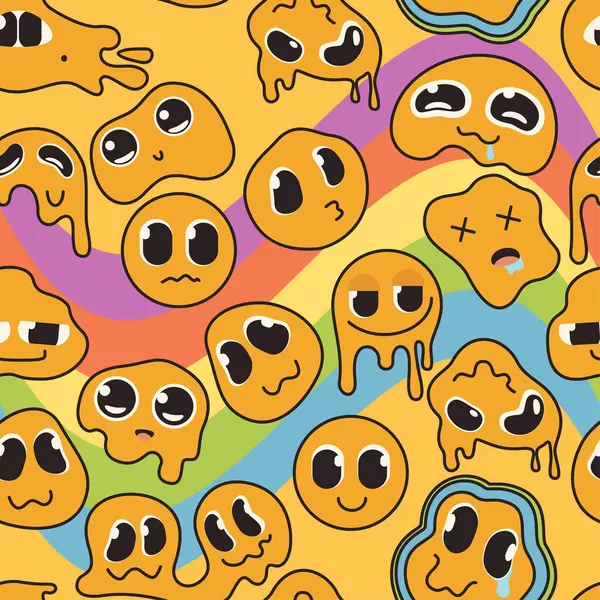 Gökkuşağı dalgalarında çarpık sarı emojisi olan mükemmel bir çizgi film. Komik geçmişe dönük karakterlerin çılgın yüzleri, 70 'lerin arka planında eriyen duygu simgeleri 80' lerin tarz vektör illüstrasyonları