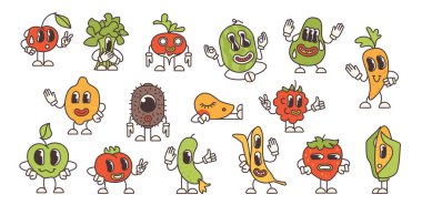 Muhteşem çizgi film, hayal ürünü meyve ve sebze karakterleri. Komik retro taze yaz yemeği emojisi çılgın gülüşlü. Trippy Strawberry ve Apple 'ın komik çıkartmaları, brokoli vektör çizimi
