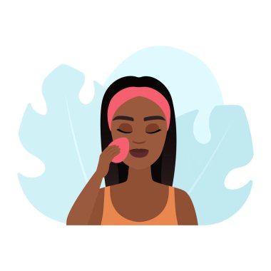 Göz kamaştırıcı makyaj, krema fondöten ve sünger vektör çizimi yapan kız.