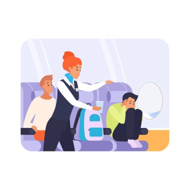 Uçuş panik vektörü çizimi olan yolcuya bir bardak su veren hostes.