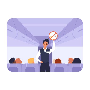 Uçuş görevlisi elinde sigara içilmediğini belirten bir tabela tutuyordu.