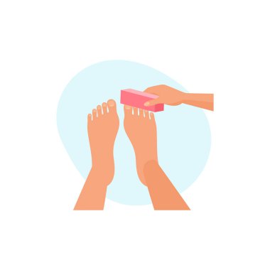 Tırnak cilalamak için el ele tutuşan tırnak törpüsü, güzellik salonu pedikür süreci vektör çizimi