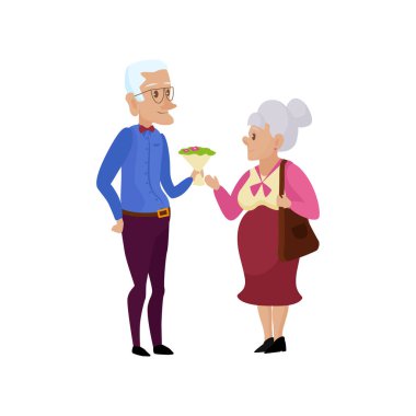 Mutlu yaşlı çift, yaşlı adam kadın vektör illüstrasyonuna bir buket çiçek veriyor