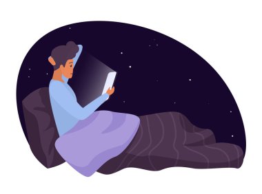 A man lying in bed at night using a tablet, set against a starry sky, emphasizing nighttime relaxation and digital engagement vector illustration.