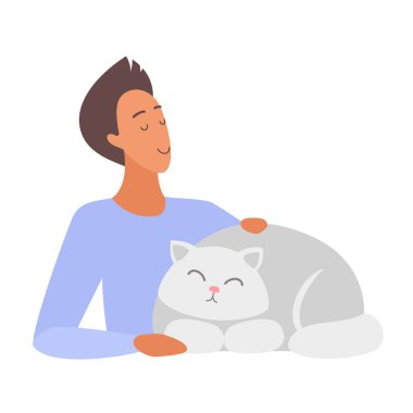 Kucağında kedisiyle sakince oturan bir adam, hem rahat hem de mutlu görünür. Görüntü, evcil hayvan ve sahibinin huzurlu ve rahatlatıcı ilişkisini yansıtıyor..