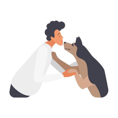 Genç bir adam büyük, tüylü köpeğine sevgiyle sarılıyor, evcil hayvan ve sahibi arasındaki bağı gösteriyor. İmaj, sevgi ve dostluğu canlandırıyor. İçten bir anda..