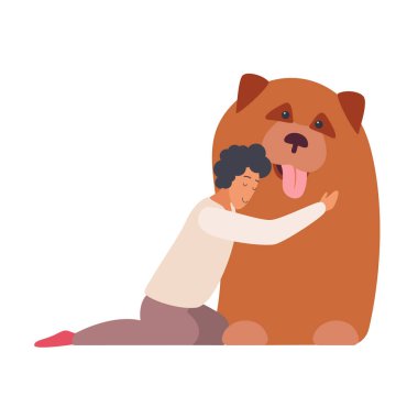 Bir adam mutlu bir ifadeyle büyük, tüylü köpeğini kucaklamak için diz çöker. Görüntü, evcil hayvan ve sahibi arasındaki derin bağ ve sevgiyi vurgular..