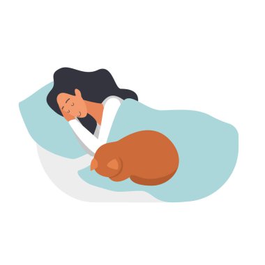 Bir kadın mavi bir battaniyenin altına kıvrılmış kızıl bir kediyle huzur içinde uyuyor..