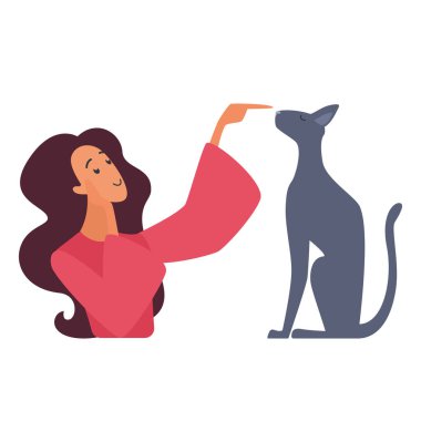 Kırmızı kazaklı bir kadın, siyah bir kediyle etkileşime girer ve parmağıyla burnuna hafifçe dokunur..