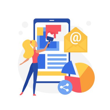 Mobil bir aygıt üzerinde kullanıcı arayüzü tasarlayan bir kadının vektör illüstrasyonu.