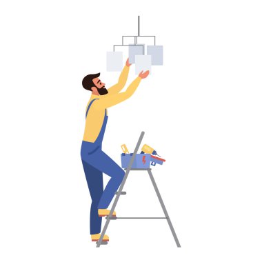 Merdiven üzerindeki lambayı tamir eden bir askerin ayrıntılı vektör çizimi.