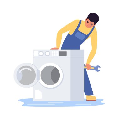 Çamaşır makinesini aletlerle tamir eden bir askerin vektör illüstrasyonu.