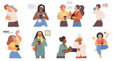 Cihazları olan insanlar. Sosyal medya sohbetleri, aramalar ve oyunlar için cep telefonu ve tablet kullanan erkek ve kadın, genç ve yaşlı karakterler, mobil uygulama çizgi film vektör ilülasyonunda müzik dinleyin