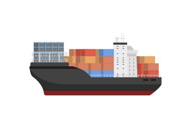 Küresel ticaret ve nakliye lojistiğini temsil eden bir konteyner gemisinin vektör çizimi.