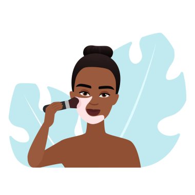 Makyajını fırçayla yapan bir kadının ayrıntılı vektör çizimi.