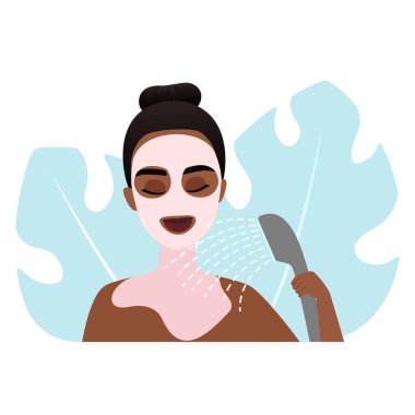 Yüz maskesiyle duş alan bir kadının ayrıntılı vektör çizimi.