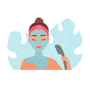 Mavi bir maskeyle duş alan bir kadının ayrıntılı vektör çizimi.