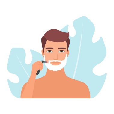 Detailed vector illustration of a man shaving with foam and razor. clipart