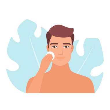 Yüzünü pamukla temizleyen bir adamın detaylı vektör çizimi.