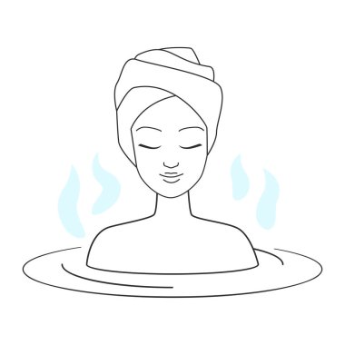 Spa banyosunda dinlenen bir kadının vektör çizgisi çizimi, rahatlık ve rahatlama teması için ideal..