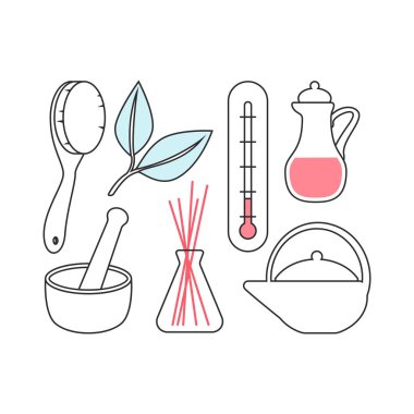 Çeşitli spa araçları ve aksesuarları içeren vektör çizgisi sanatı, sağlık ve sağlık çizimleri için mükemmel.