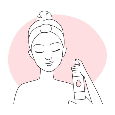 Cilt bakımı rutininin bir parçası olarak yüz sisi püskürten bir kadının vektör çizimi.