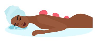 Sıcak taş masajı yaptıran bir kadının vektör çizimi rahatlamayı ve terapi tedavisini sembolize ediyor..