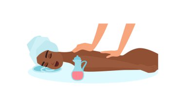 Aromaterapi masajı yaptıran bir kadının vektör çizimi, rahatlamayı ve sağlığı simgeliyor..